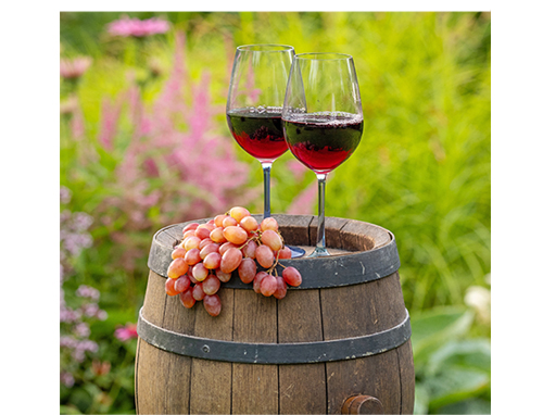 Zwei Gläser Rotwein auf einem Weinfass