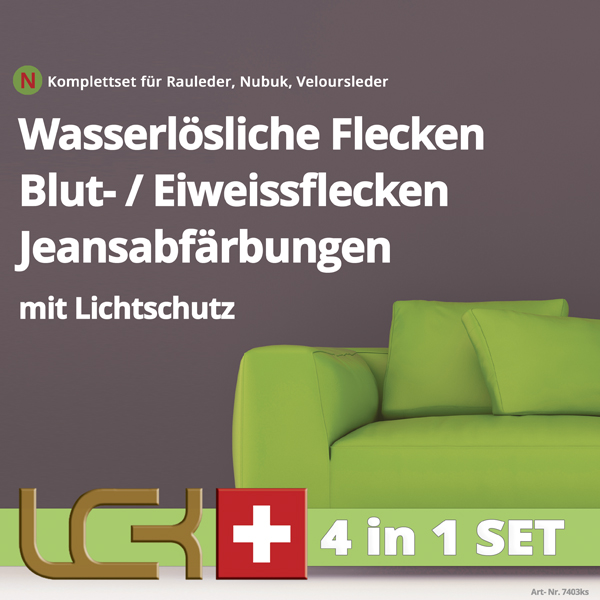 Reinigungsset gegen wasserlösliche Verschmutzungen auf Rauleder