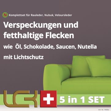 Reinigungs- und Pflegeset gegen fetthaltige Verschmutzungen auf Rauleder